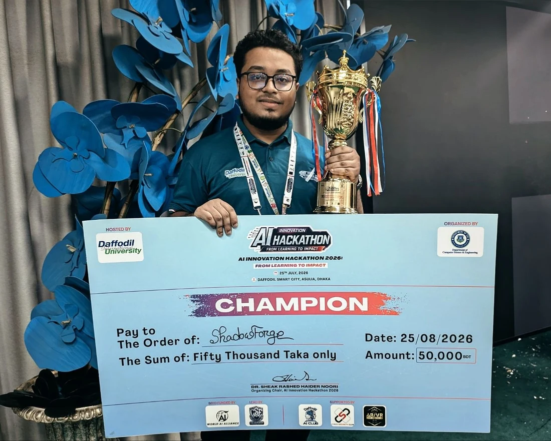 Abdullah Rubab with the Champion trophy at AI Hackathon 2026