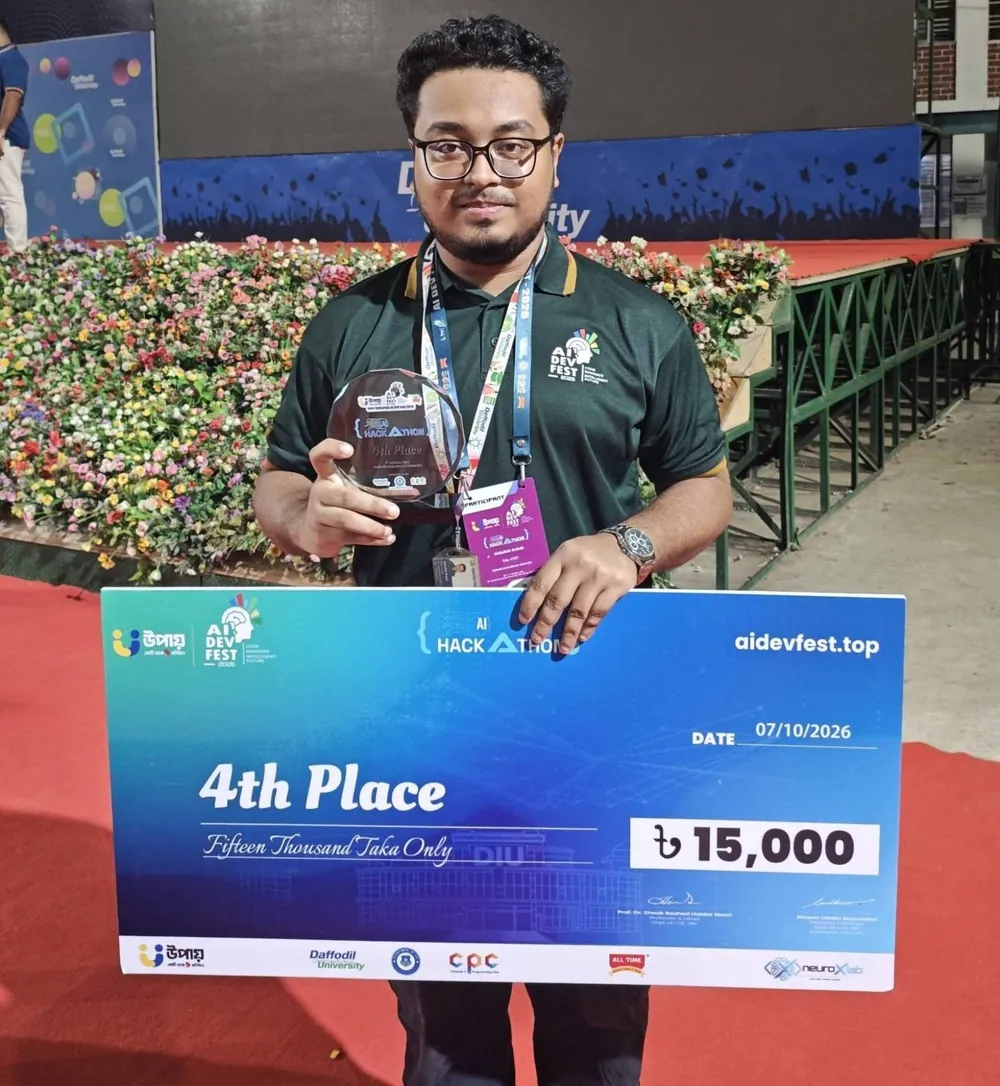 Abdullah Rubab with the 4th place trophy at AI DEV FEST 2026
